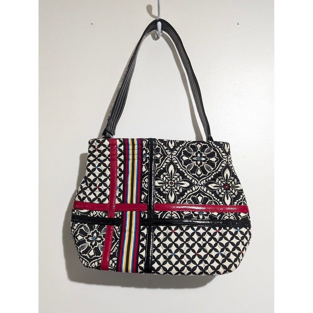 Vera Bradley Barcelona Shoulder Bag Black White Quilted Patent Ribbon Purse